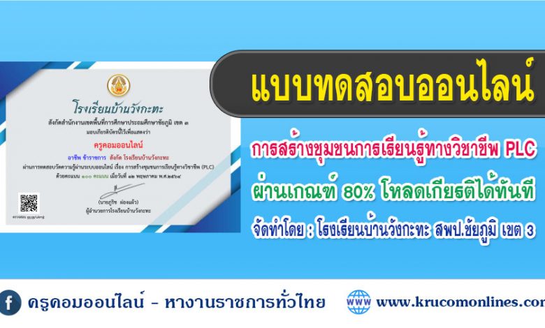 แบบทดสอบออนไลน์ การสร้างชุมชนการเรียนรู้ทางวิชาชีพ ผ่านเกณฑ์ 80% ท่านจะได้รับใบประกาศ