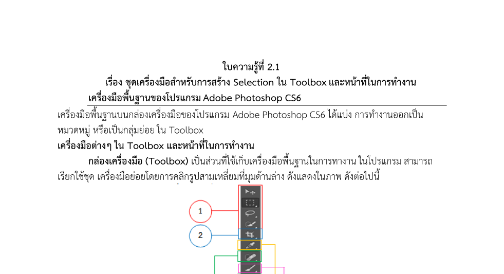 ใบความรู้ ชุดเครื่องมือสำหรับการสร้าง Selection ใน Toolbox และหน้าที่ในการทำงานเครื่องมือพื้นฐานของโปรแกรม Adobe Photoshop CS6