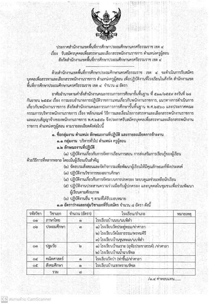 สพป.นครศรีธรรมราช เขต 4 รับสมัครบุคลากรพนักงานราชการ ตำแหน่งครูผู้สอน จำนวน 8 อัตรา