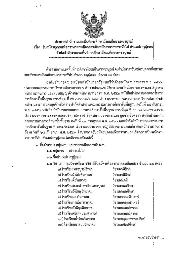 สพม.เพชรบูรณ์ รับสมัครบุคลากรพนักงานราชการ ตำแหน่งครูผู้สอน จำนวน 11 อัตรา