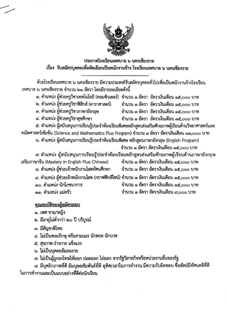 โรงเรียนเทศบาล 6 นครเชียงราย รับสมัครคัดเลือกบุคคลทั่วไปเพื่อเป็นพนักงานจ้างโรงเรียน จำนวน 21 อัตรา 