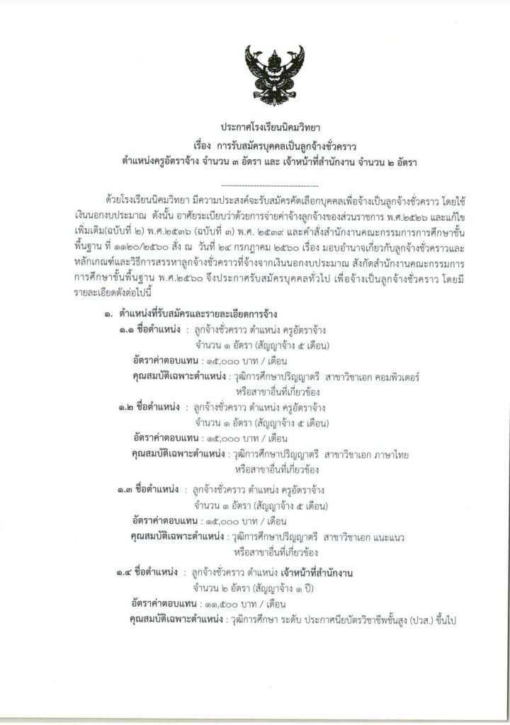 โรงเรียนนิคมวิทยา รับสมัครบุคคลเป็นครูอัตราจ้าง จำนวน 3 อัตรา เปิดรับสมัคร 1-4 พฤษภาคม 2566