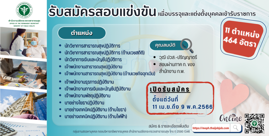 สำนักงานปลัดกระทรวงสาธารณสุข รับสมัครสอบแข่งขันเพื่อบรรจุเข้ารับราชการ 464 อัตรา