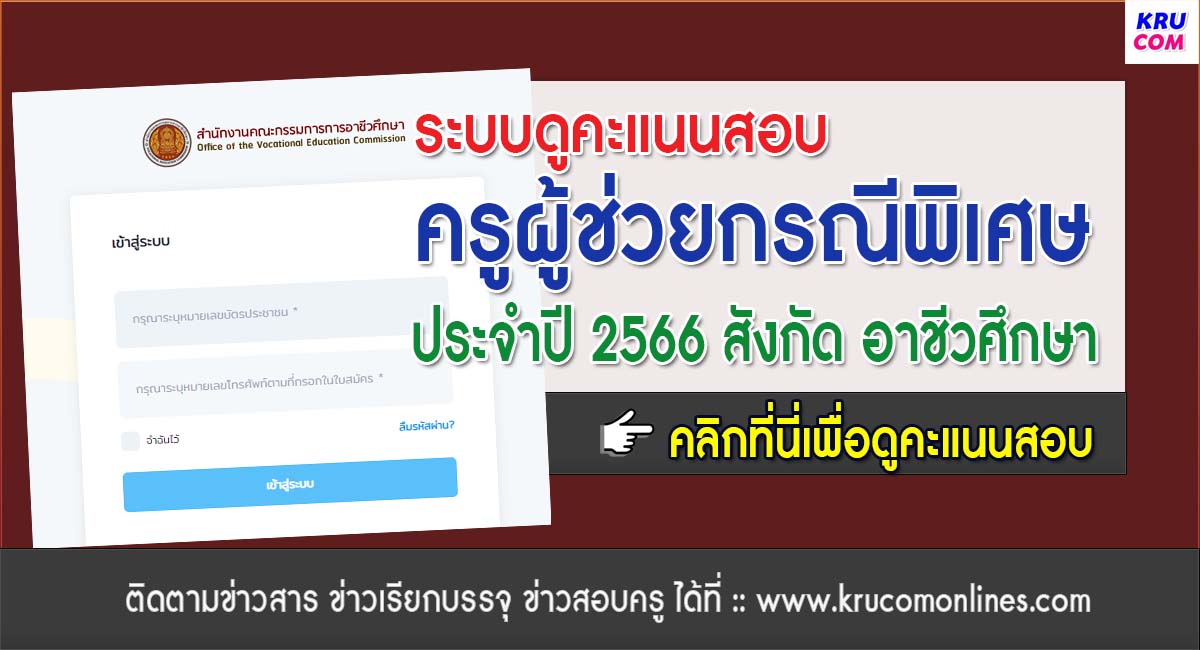 ดูคะแนนสอบครู สอศ 2566 สอบครูผู้ช่วย กรณีพิเศษสังกัดอาชีวศึกษา ประจำปี 2566