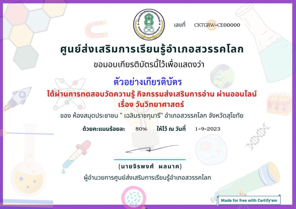 แบบทดสอบออนไลน์ วันวิทยาศาสตร์ 2566 โดย ห้องสมุดประชาชนอำเภอสวรรคโลก ผ่านเกณฑ์ 75% รับเกียรติบัตรฟรี