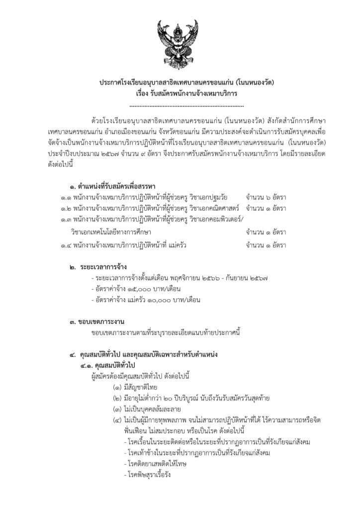 ประกาศ โรงเรียนอนุบาลสาธิตเทศบาลนครขอนแก่น (โนนหนองวัด) รับสมัครพนักงานจ้างเหมาบริการ ตำแหน่งครูช่วยสอนและเจ้าหน้าที่ จำนวน 9 อัตรา