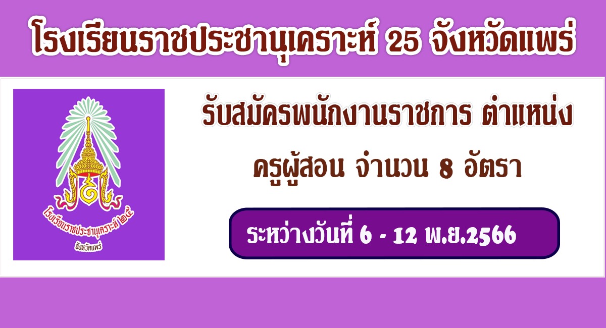 ประกาศโรงเรียนราชประชานุเคราะห์ ๒๕ จังหวัดแพร่เปิดรับสมัครพนักงานราชการ ตำแหน่ง ครูผู้สอน จำนวน 8 อัตรา รับสมัครระหว่างวันที่ 6 -12 พ.ย.66