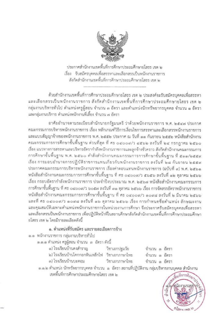 ประกาศ สพป.ยโสธร เขต 2 เปิดรับสมัครพนักงานราชการทั่วไป รวม 3 ตำแหน่ง จำนวน 11 อัตรา ระหว่างวันที่ 4 - 12 ธ.ค. 2566