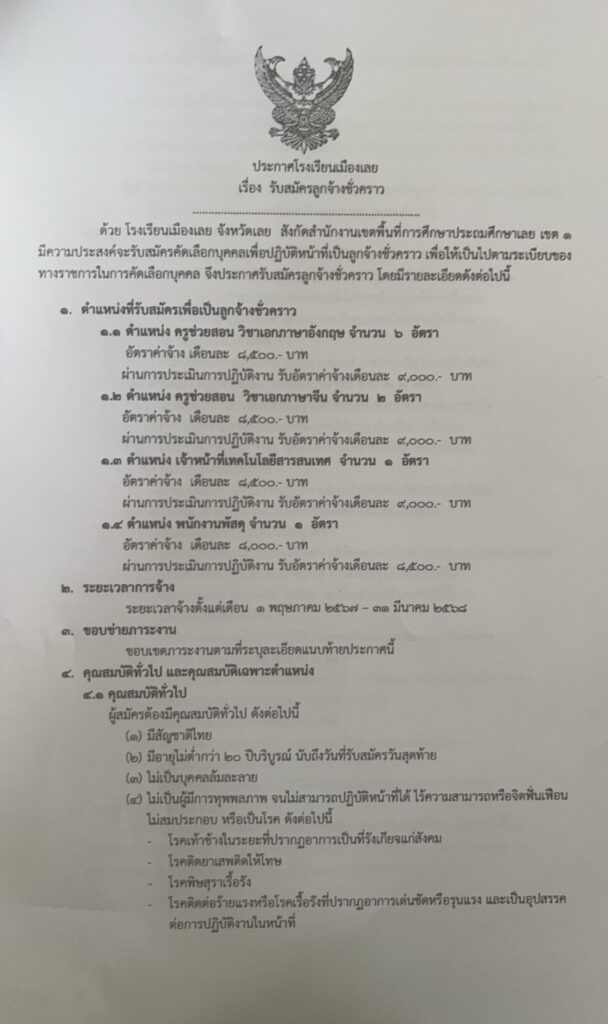 โรงเรียนเมืองเลย รับสมัครบุคคลเป็นครูช่วยสอน จำนวน 8 อัตรา